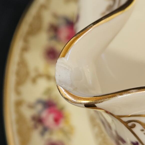 Vintage H&C Selb Bavaria Gravy Boat Dish Bowl Attached Plate Floral Gold Trim - Picture 6 of 9